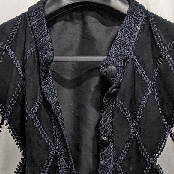 Vintage 70s Suede Patchwork Jacket Batwing Crochet Button-Down Black Boho Sz M - Picture 2 of 11